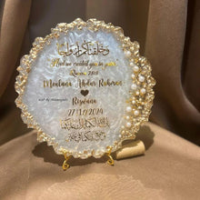 Custom-made resin wedding gift plaque with two-colour design.