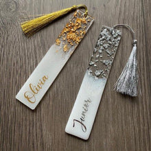 Resin bookmark with tassel and metallic leaf available in two colours