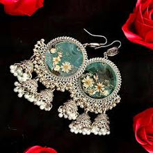 Handmade green and gold resin jhumka earrings
