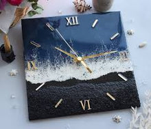 Ocean-inspired square epoxy wall clock with three-colour wave design.