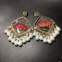 Handmade Resin Jhumka Earrings with Dried Red Flowers & Pearl Drops