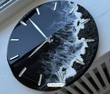 Handmade resin ocean wall clock with two-colour wave-inspired design.