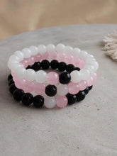 Stretch Beaded Bracelet Set – Black, White & Rose Pink Handmade Bracelets
